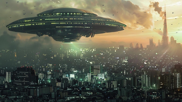 Una nave espacial alienígena gigante sobre una ciudad