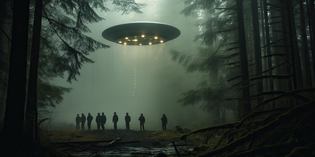 Foto nave espacial alienígena llega a la tierra escena dramática cinematográfica soldado recibe el aterrizaje