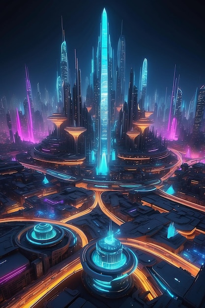 Nave espacial até a Cidade Futurística luzes de néon Ilustração de arquitetura fractal Ilustração para papel de parede