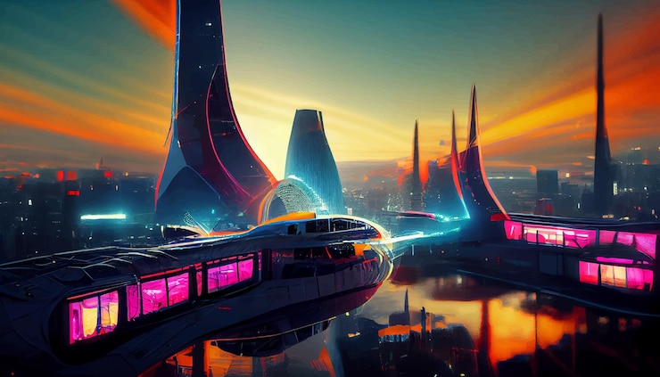 Foto nave espacial até luzes de neon da cidade futurista ilustração de arquitetura fractal