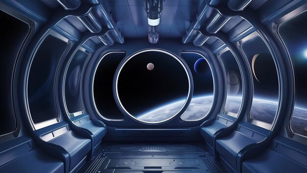 Nave espacial azul escuro interior futurista com vista de janela sobre o espaço e planetas