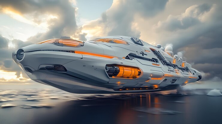 Una nave espacial blanca futurista volando sobre un mar nublado