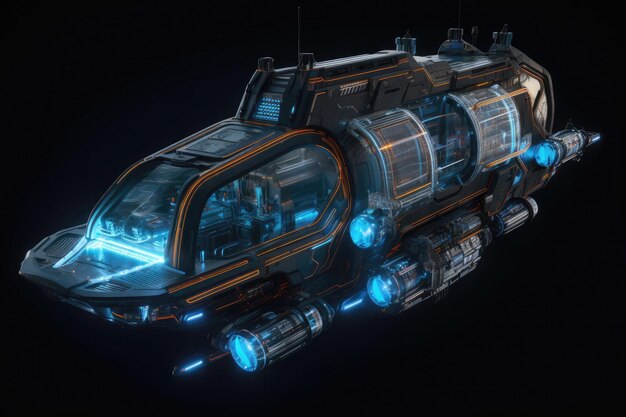 Foto una nave espacial con una cabina transparente y motores azules brillantes ia generativa