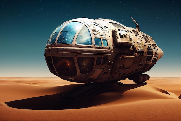 Nave espacial caiu na terra do deserto de outra ilustração 3d do planeta