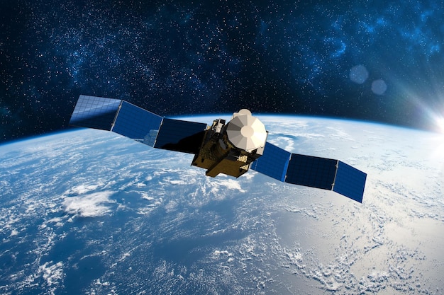 Nave espacial de carga Planeta Tierra. Fondo oscuro. Papel tapiz de ciencia ficción. Estación espacial que orbita la Tierra. Nave espacial. Papel tapiz de arte espacial. Observatorio solar. Elementos de esta imagen proporcionados por la ilustración NASA.3D.