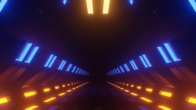 Nave espacial Ciencia ficción Túnel de la habitación Fondo de luz brillante de neón abstracto Luz de velocidad 3D render