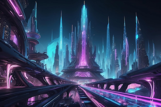 Nave espacial hasta la ciudad futurista luces de neón ilustración de arquitectura fractal ilustración para papel tapiz