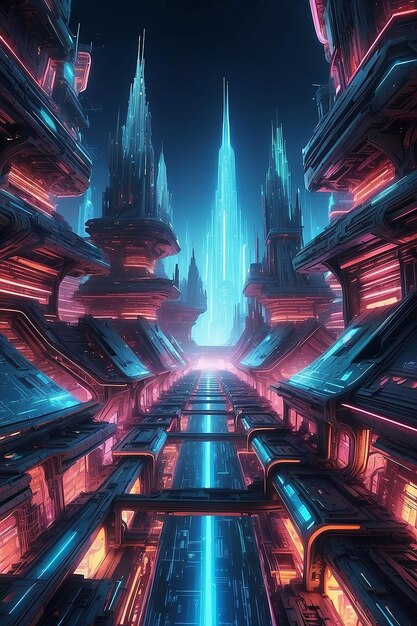 Foto nave espacial hasta la ciudad futurista luces de neón ilustración de arquitectura fractal ilustración para papel tapiz