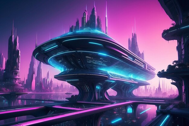 Nave espacial hasta la ciudad futurista luces de neón ilustración de arquitectura fractal ilustración para papel tapiz