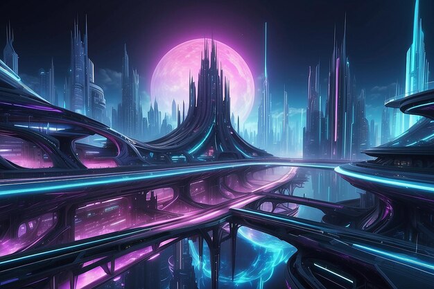 Nave espacial hasta la ciudad futurista luces de neón ilustración de arquitectura fractal ilustración para papel tapiz