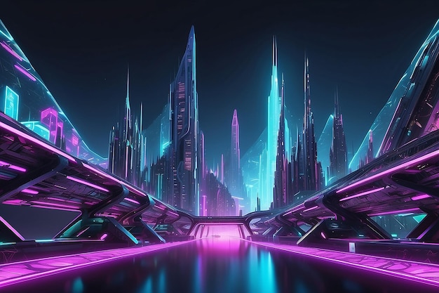 Nave espacial hasta la ciudad futurista luces de neón ilustración de arquitectura fractal ilustración para papel tapiz