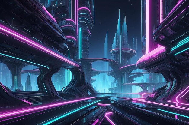 Foto nave espacial hasta la ciudad futurista luces de neón ilustración de arquitectura fractal ilustración para papel tapiz