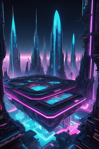 Nave espacial hasta la ciudad futurista luces de neón ilustración de arquitectura fractal ilustración para papel tapiz