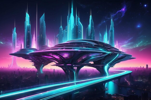 Nave espacial hasta la ciudad futurista luces de neón ilustración de arquitectura fractal ilustración para papel tapiz