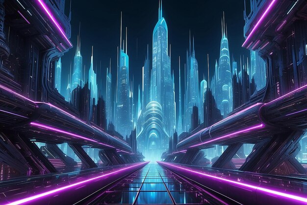 Nave espacial hasta la ciudad futurista luces de neón ilustración de arquitectura fractal ilustración para papel tapiz