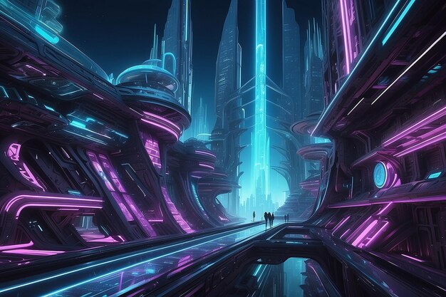 Nave espacial hasta la ciudad futurista luces de neón ilustración de arquitectura fractal ilustración para papel tapiz