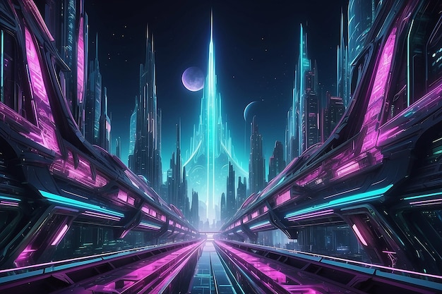 Nave espacial hasta la ciudad futurista luces de neón ilustración de arquitectura fractal ilustración para papel tapiz