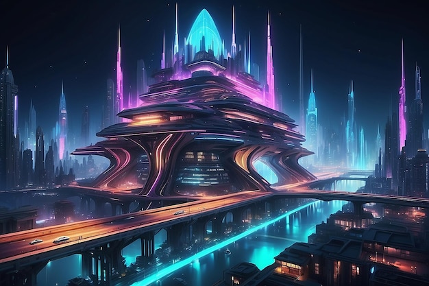 Nave espacial hasta la ciudad futurista luces de neón ilustración de arquitectura fractal ilustración para papel tapiz