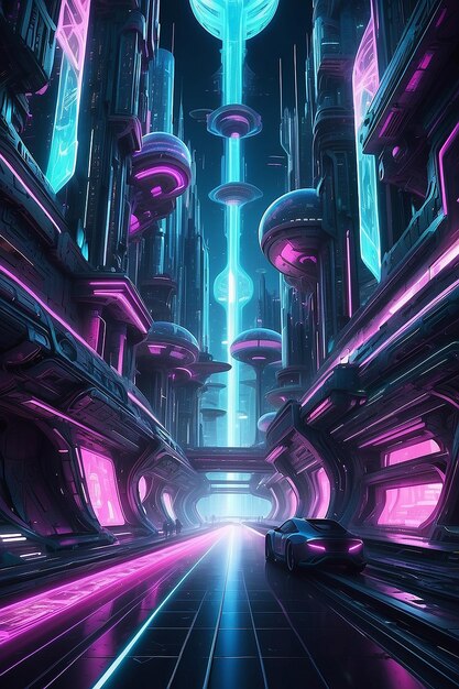 Nave espacial hasta la ciudad futurista luces de neón ilustración de arquitectura fractal ilustración para papel tapiz