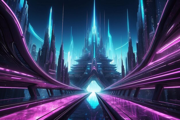 Nave espacial hasta la ciudad futurista luces de neón ilustración de arquitectura fractal ilustración para papel tapiz