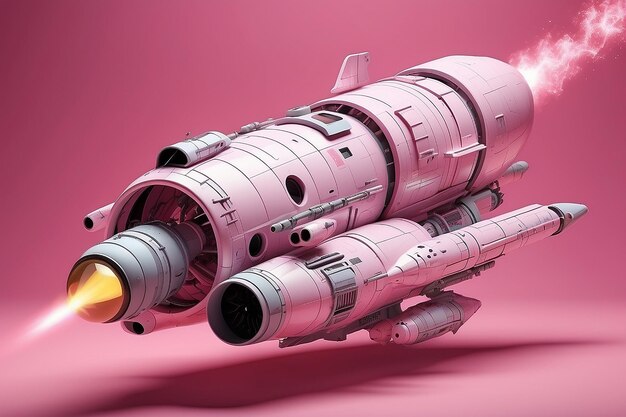 Foto nave espacial con cohete en fondo rosa renderizado e ilustración en 3d