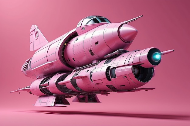 Nave espacial com foguete em fundo rosa renderização 3D e ilustração