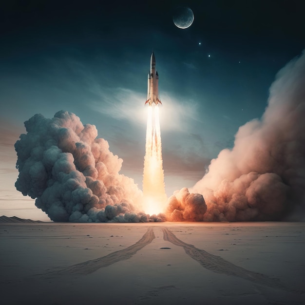 La nave espacial despega hacia el cielo Cohete comienza en el espacio IA generativa