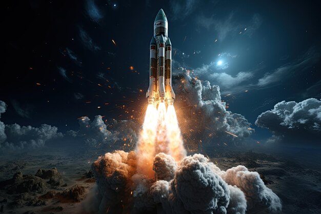 La nave espacial despegue hacia el cielo estrellado El cohete comienza en el espacio Captura de pantalla de película de ciencia ficción Concepto generado con IA