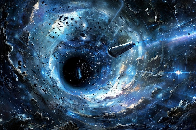 Una nave espacial entrando en un agujero negro.