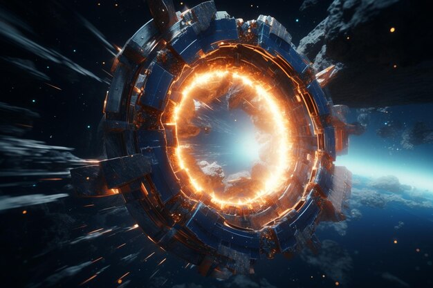 Nave espacial entrando por una puerta warp con rayos de luz 00721 03