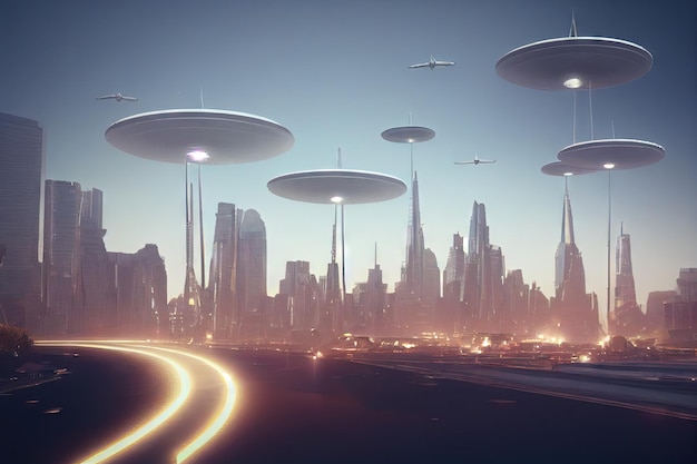 Nave espacial extraterrestre ovni volando por encima de la ilustración digital de la ciudad futurista