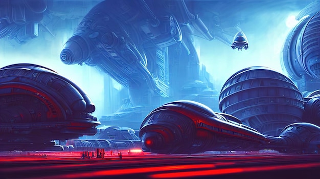 La nave espacial Fantasy City base la nave espacial legendaria en un planeta en el espacio Las luces de neón iluminan la ciudad del futuro Ilustración 3d de ciencia ficción