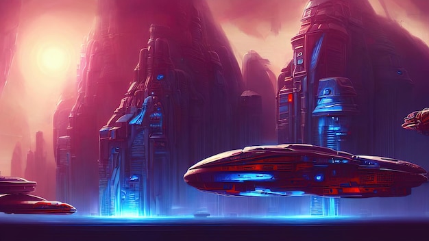 La nave espacial Fantasy City base la nave espacial legendaria en un planeta en el espacio Las luces de neón iluminan la ciudad del futuro Ilustración 3d de ciencia ficción