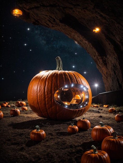 Una nave espacial con forma de calabaza que se eleva a través de la galaxia generó Ai