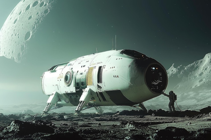 Una nave espacial futurista cargando en una superficie alienígena