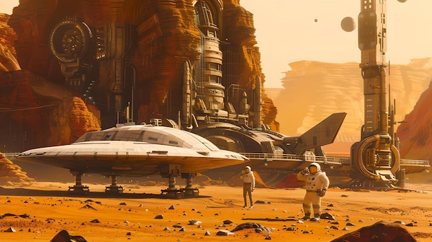 Nave espacial futurista em um planeta deserto com astronautas explorando cena de ficção científica evocando exploração e aventura ideal para fundos e cartazes AI
