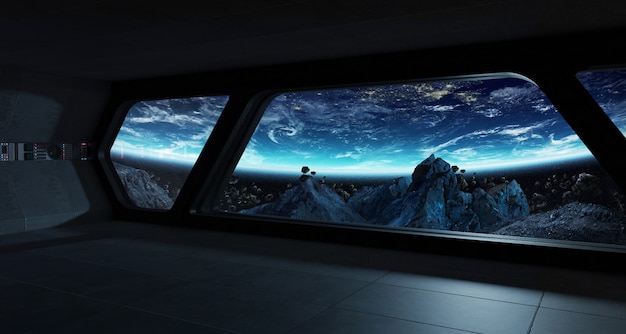 Foto nave espacial futurista interior con vista sobre el planeta tierra.