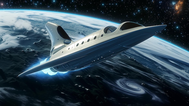 Una nave espacial futurista que orbita la Tierra embarcándose en un viaje para explorar el espacio exterior