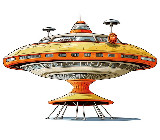 nave espacial futurista sci-fi veículo UFO alienígena em fundo branco ilustração de desenho animado hiperealista