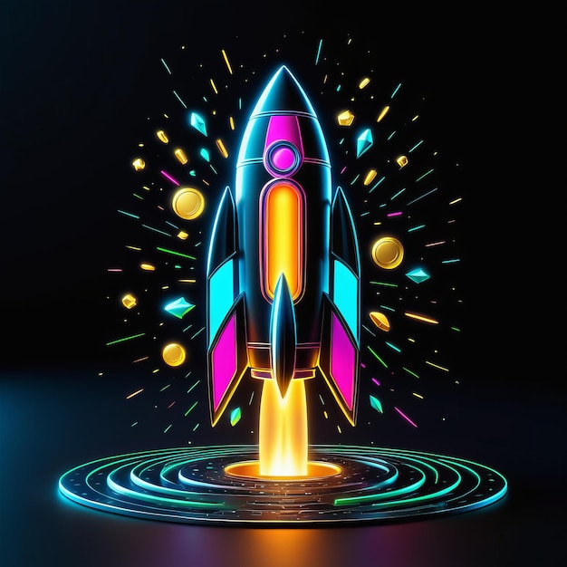 nave espacial futurista voando no foguete com uma luz de néon no fundo 3D render ilust