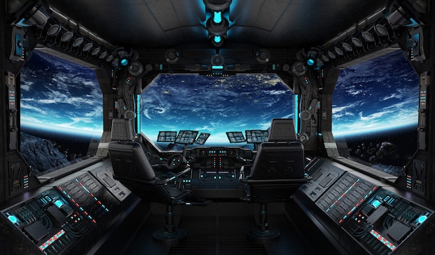 Nave espacial grunge interior con vista sobre el planeta tierra.