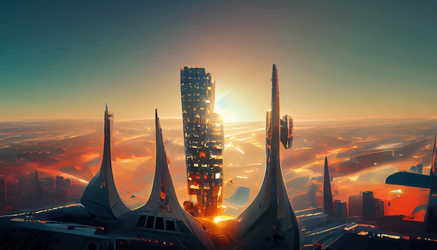 Nave espacial hasta ilustración de arquitectura futurista ciudad fractal