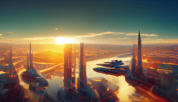 Nave espacial hasta ilustración de arquitectura futurista ciudad fractal