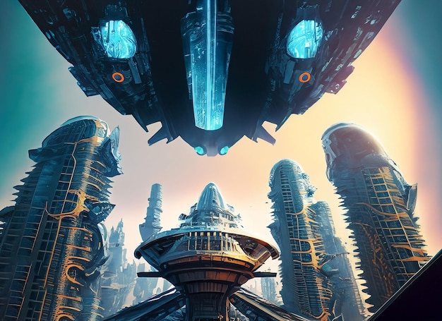 Nave espacial hasta luces de neón de ciudad futurista ilustración de arquitectura fractal ilustración para fondo de pantalla