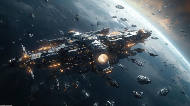 Una nave espacial masiva en la galaxia Película cinematográfica Cinemática Todavía intensa batalla espacial entre