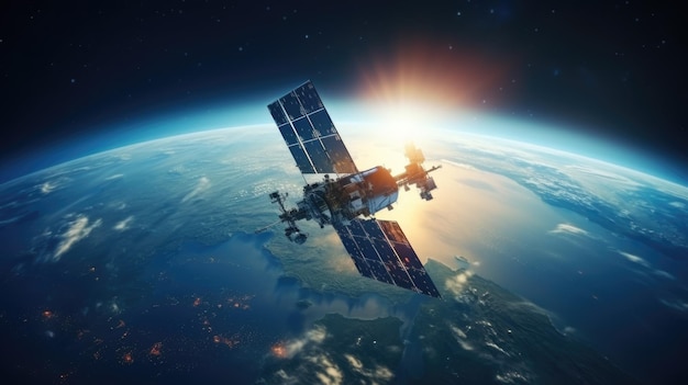 Nave espacial moderna orbitando a Terra O satélite rastreia a tecnologia espacial da Terra