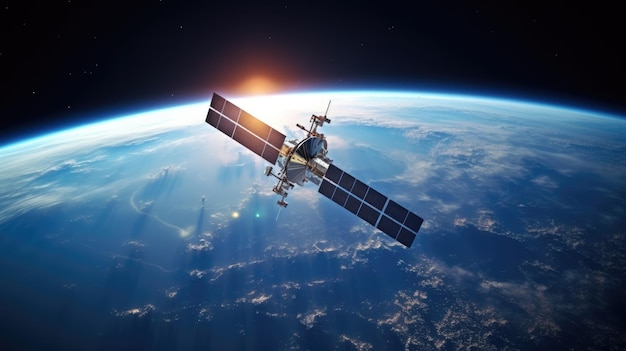 Nave espacial moderna orbitando a Terra O satélite rastreia a tecnologia espacial da Terra