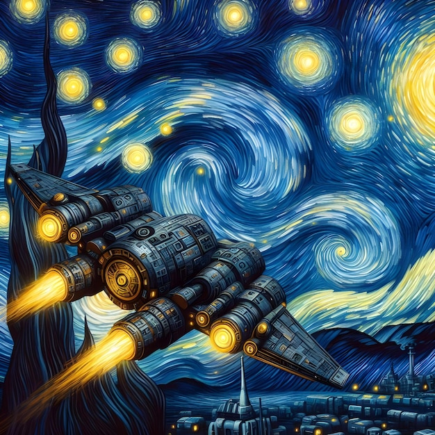 Una nave espacial en una noche estrellada al estilo de Van Gogh