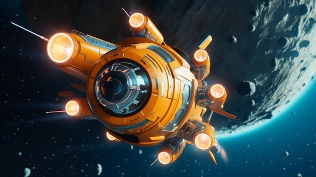 La nave espacial Orange Starfield vuela por el espacio para descubrir nuevos planetas en el universo.