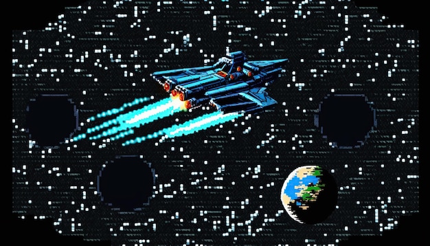 Una nave espacial en una pista de carreras Nivel de juegos de computadora retro Escena de videojuegos de arte de píxeles de 8 bits